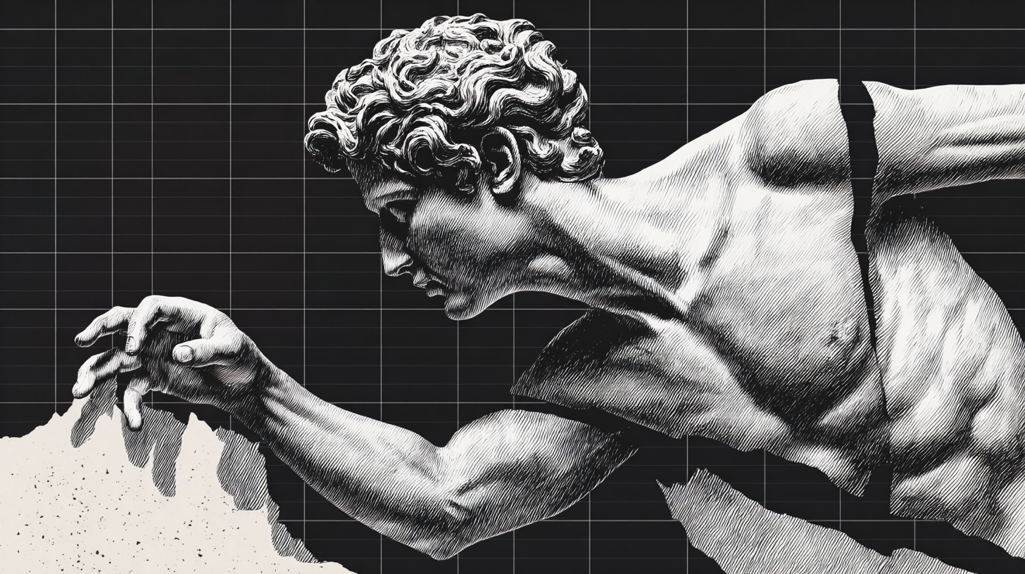 Marble sculpture reaching from stone